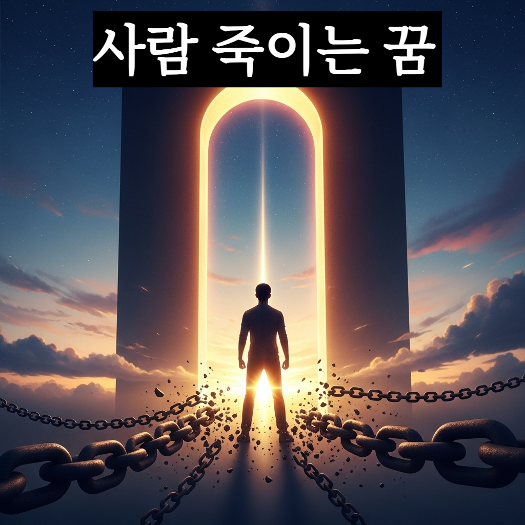 어두운 밤을 뚫고 쏟아지는 황금빛 광명 아래서 과거의 무거운 사슬을 끊어내고 당당하게 일어선 현대적인 한국인 남성의 실루엣 모습