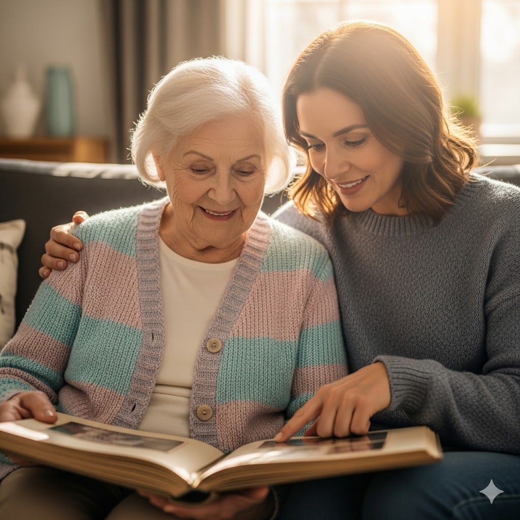 가족과 함께 앨범을 보며 치매 환자의 기억을 되살리는 따뜻한 회상요법 장면