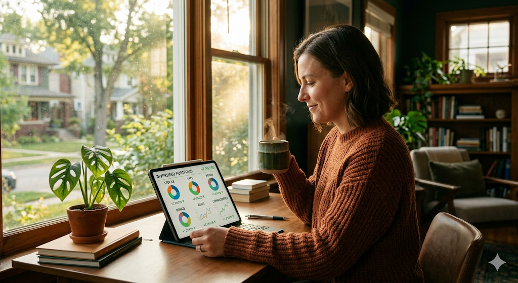 따뜻한 햇살이 비치는 창가에서 여유롭게 커피를 마시며 자산 포트폴리오를 확인하는 행복한 모습