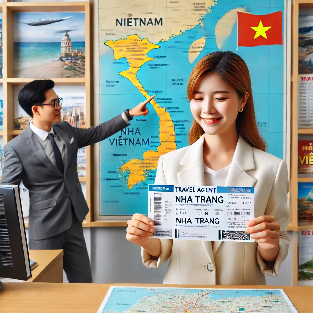 여행사 사무실에서 나트랑행 항공권을 받고 있는 사람의 모습.