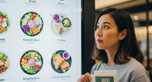 내시경 후 민감해진 위를 위해 식당 앞에서 식사 메뉴를 고르고 있는 여성.