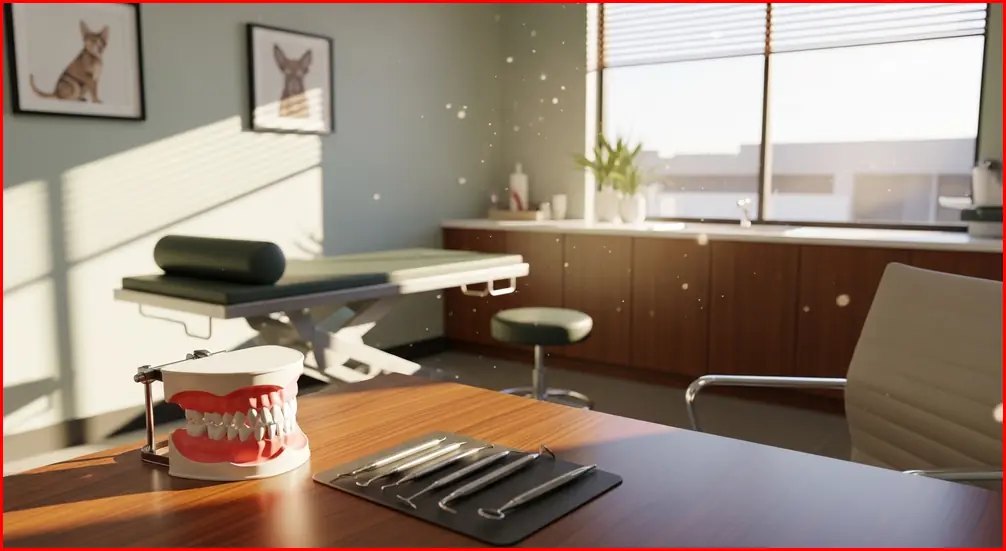 강아지 치과 진료를 위한 전문 도구와 치아 모형