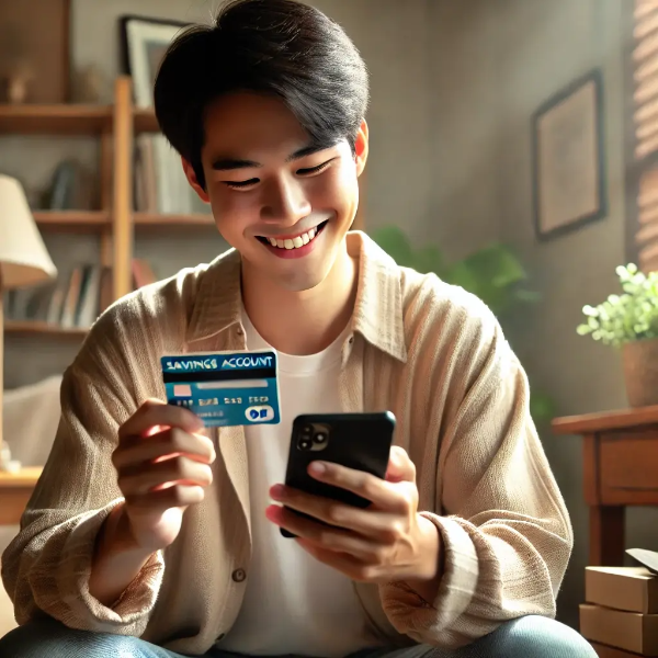 청년이 스마트폰 앱으로 청년노동자 통장 잔액을 확인하며 웃는 장면