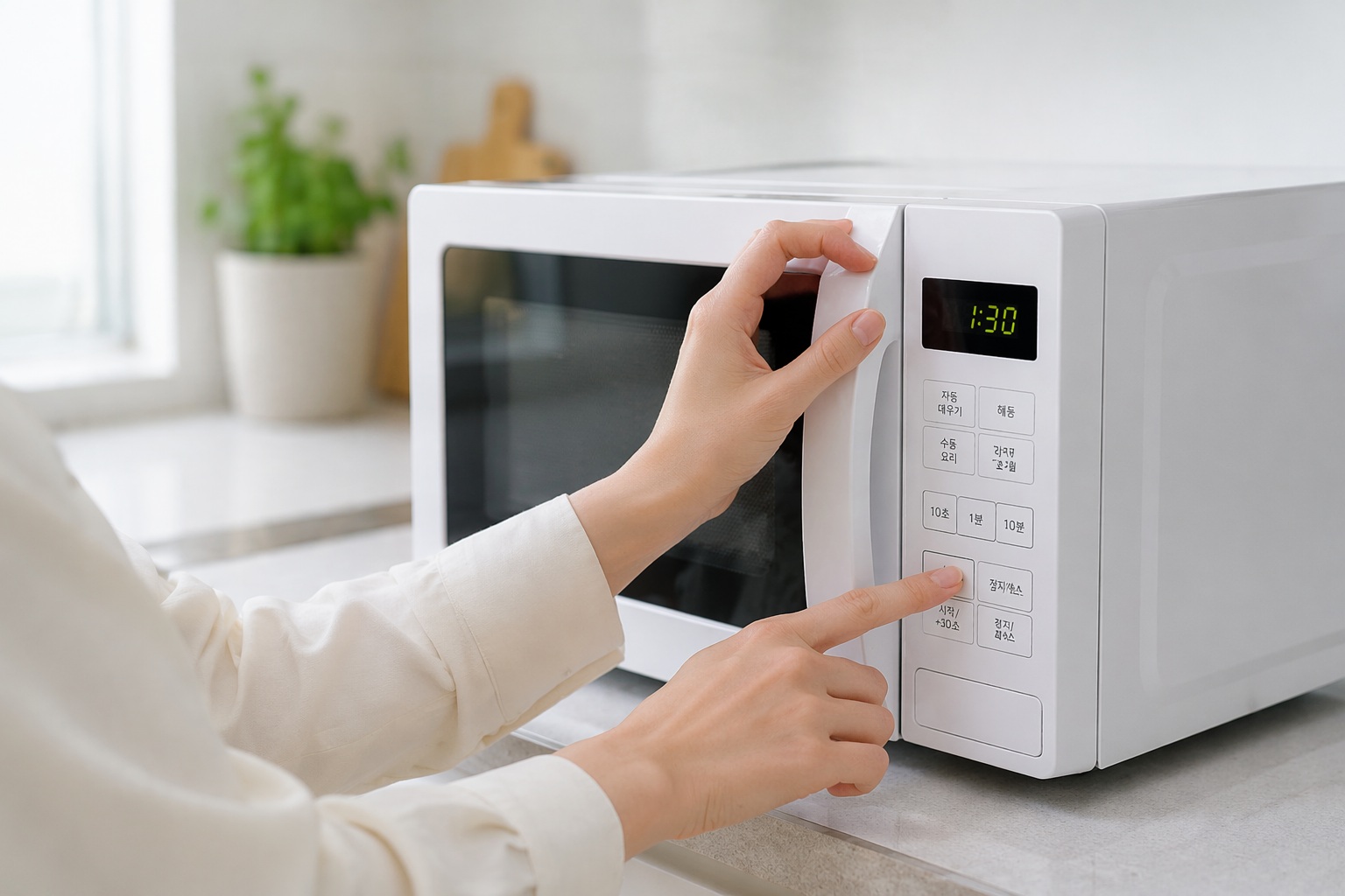 전자레인지 버튼을 조작하는 모습과 전기세 사용 이미지