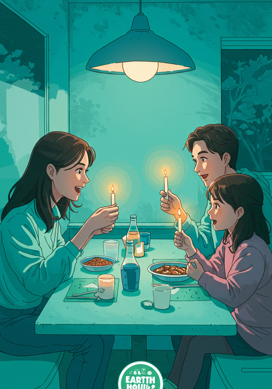 3명의 가족이 식탁에 둘러 앉아 전등을 끄고 촛불을 밝히고 지구의 날 의미를 대화하고 있는 애니매이션 이미지