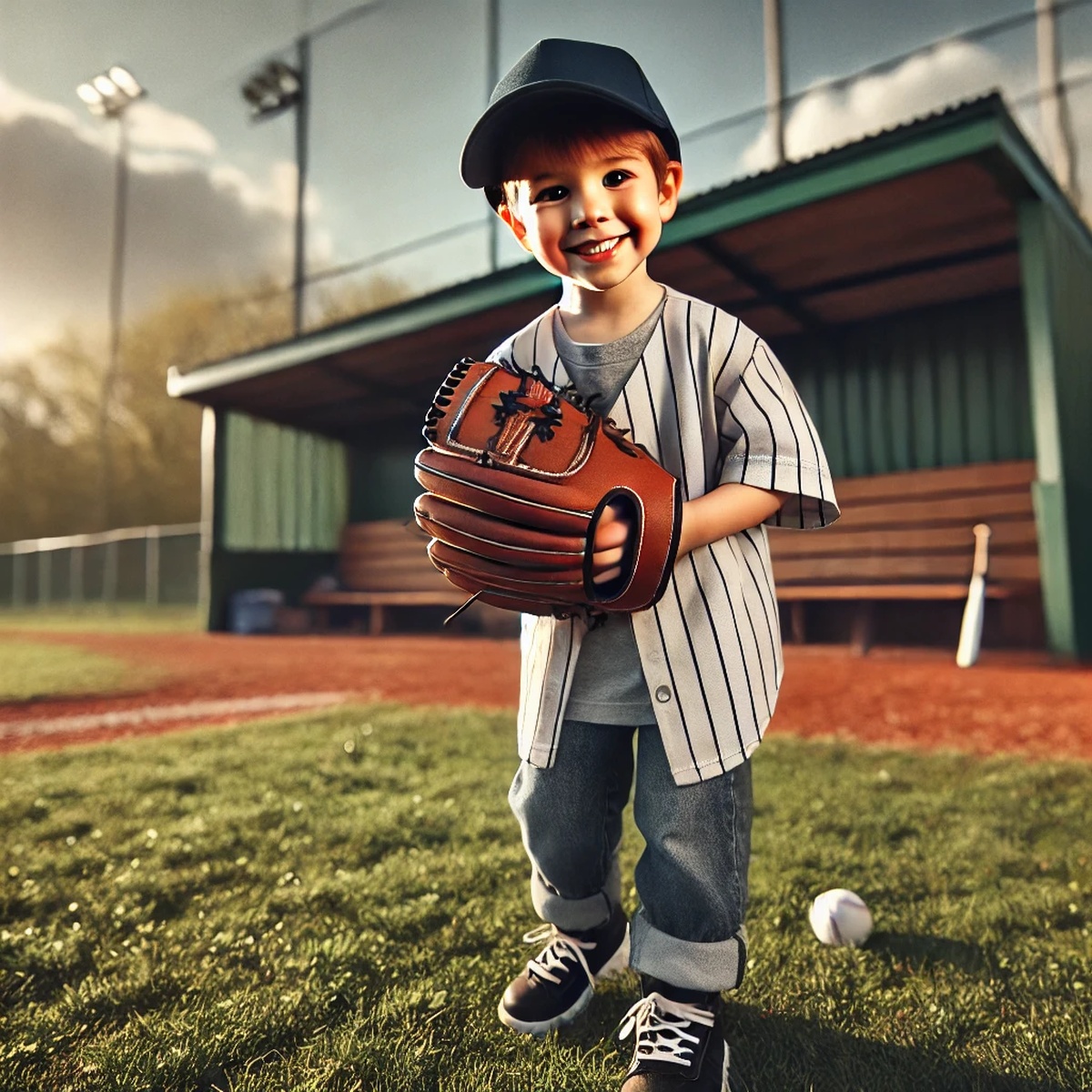 유니폼을 입고 글러브를 들고 있는 어린이
