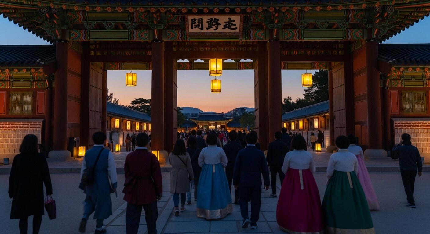 저녁 무렵 궁궐 정문으로 입장하는 관람객들