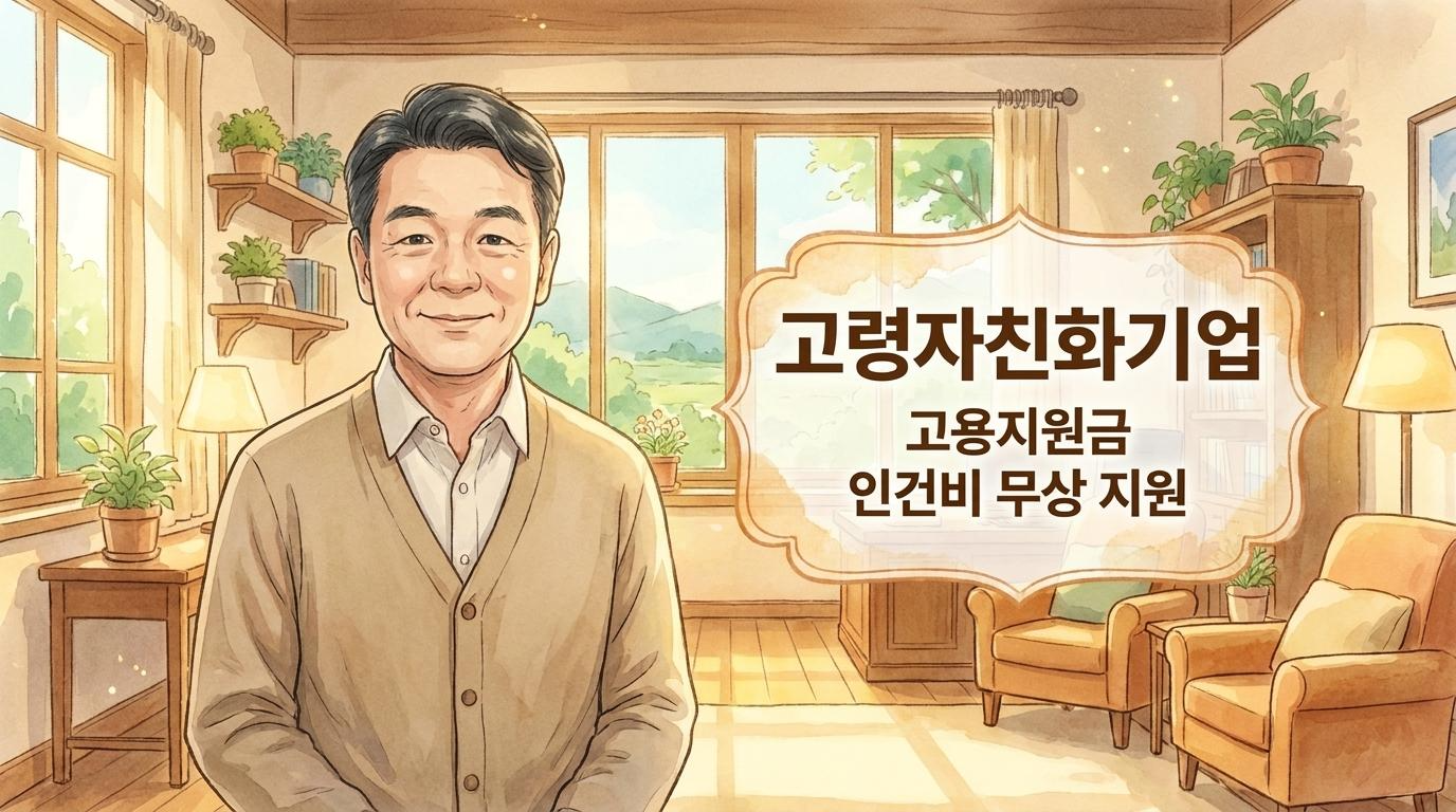 푸르다허브 이두규대표-아바타일러스트- 중소벤처기업부 기업마당- 고령자 친화기업 고용지원금,인건비무상지원에 대하여 설명하는 모습