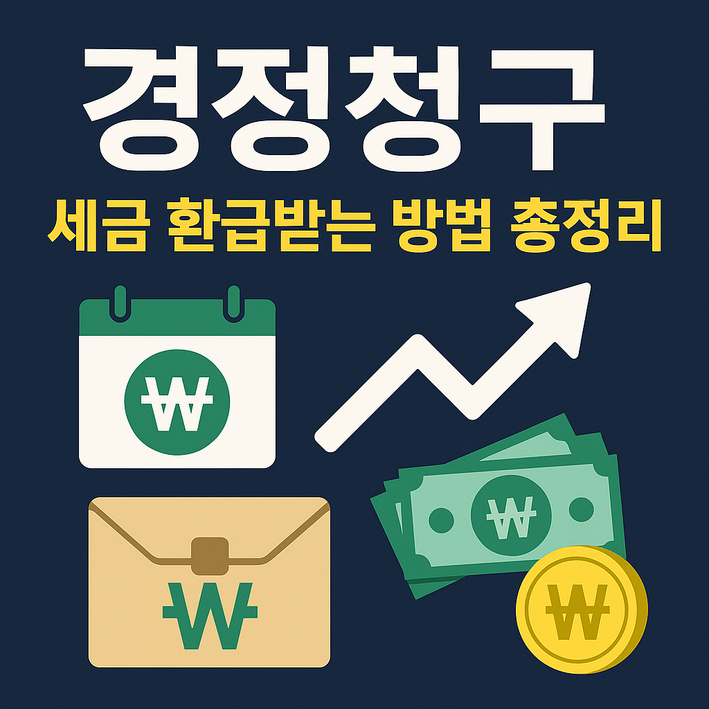 경정청구 세금 환급 방법을 상징하는 일정표, 서류, 화폐 아이콘과 상승 화살표