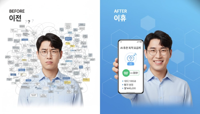 AI가 복잡한 통신 요금제를 분석해 최적의 요금제를 추천하는 과정을 보여주는 인포그래픽.