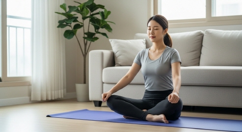 집 거실에서 요가 매트 위에 앉아 있는 여성