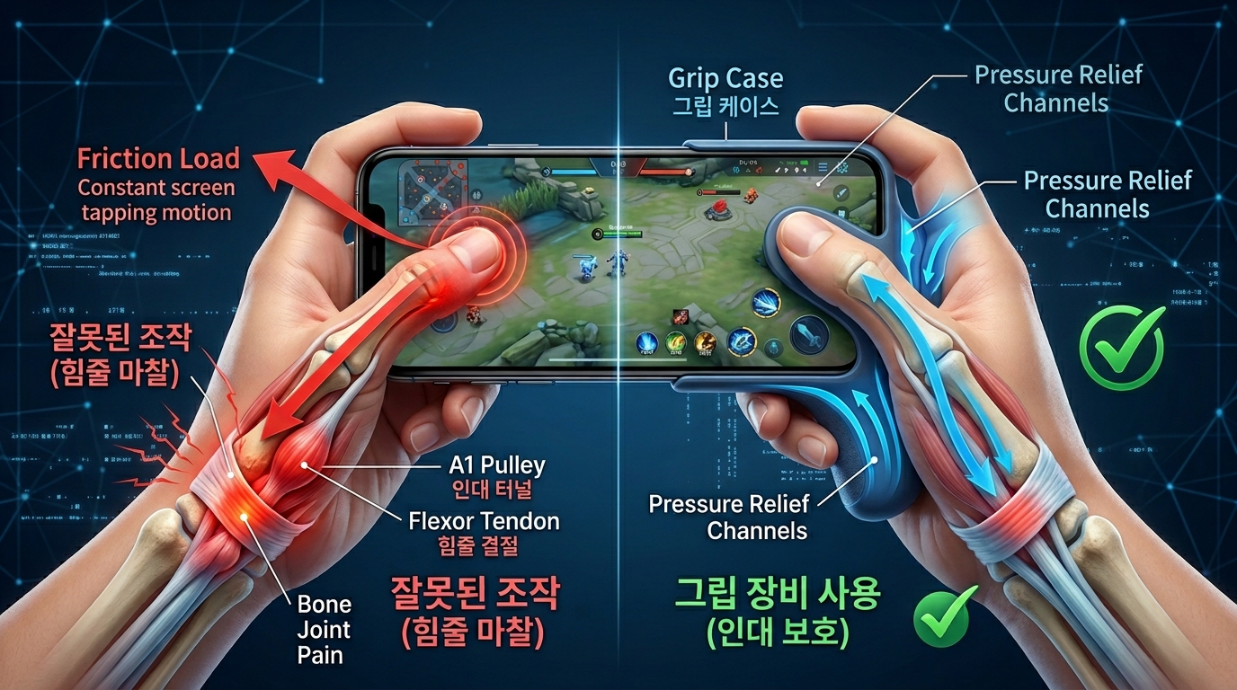 모바일 게임을 거치 장비 없이 잘못된 자세로 장시간 연타할 때 손가락 내부의 A1 활차 인대 터널이 붓고 굴곡건 힘줄 결절이 걸려 손가락 관절 통증을 유발하는 원리(왼쪽)와 올바른 인체공학 그립 케이스 사용 및 힘줄 글라이딩 스트레칭 수칙을 통해 압력을 해소하고 인대를 안전하게 보호하는 과정(오른쪽)을 비교하여 한글 자막과 함께 시각화한 정형외과 의학 일러스트레이션.