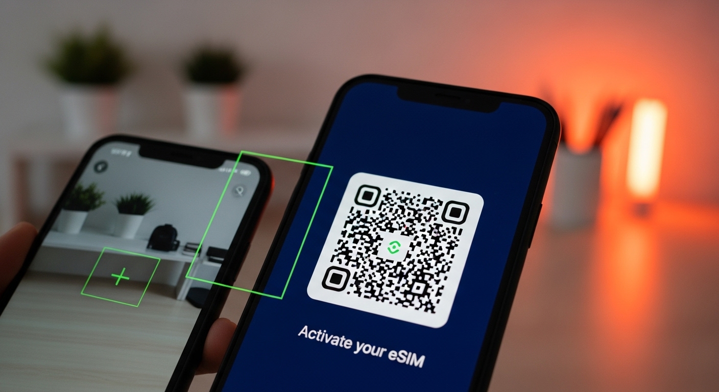 스마트폰으로 QR 코드를 스캔하여 KT eSIM을 활성화하는 모습. 물리 유심 없이 간편하게 디지털 전환을 진행하는 과정을 보여줍니다.