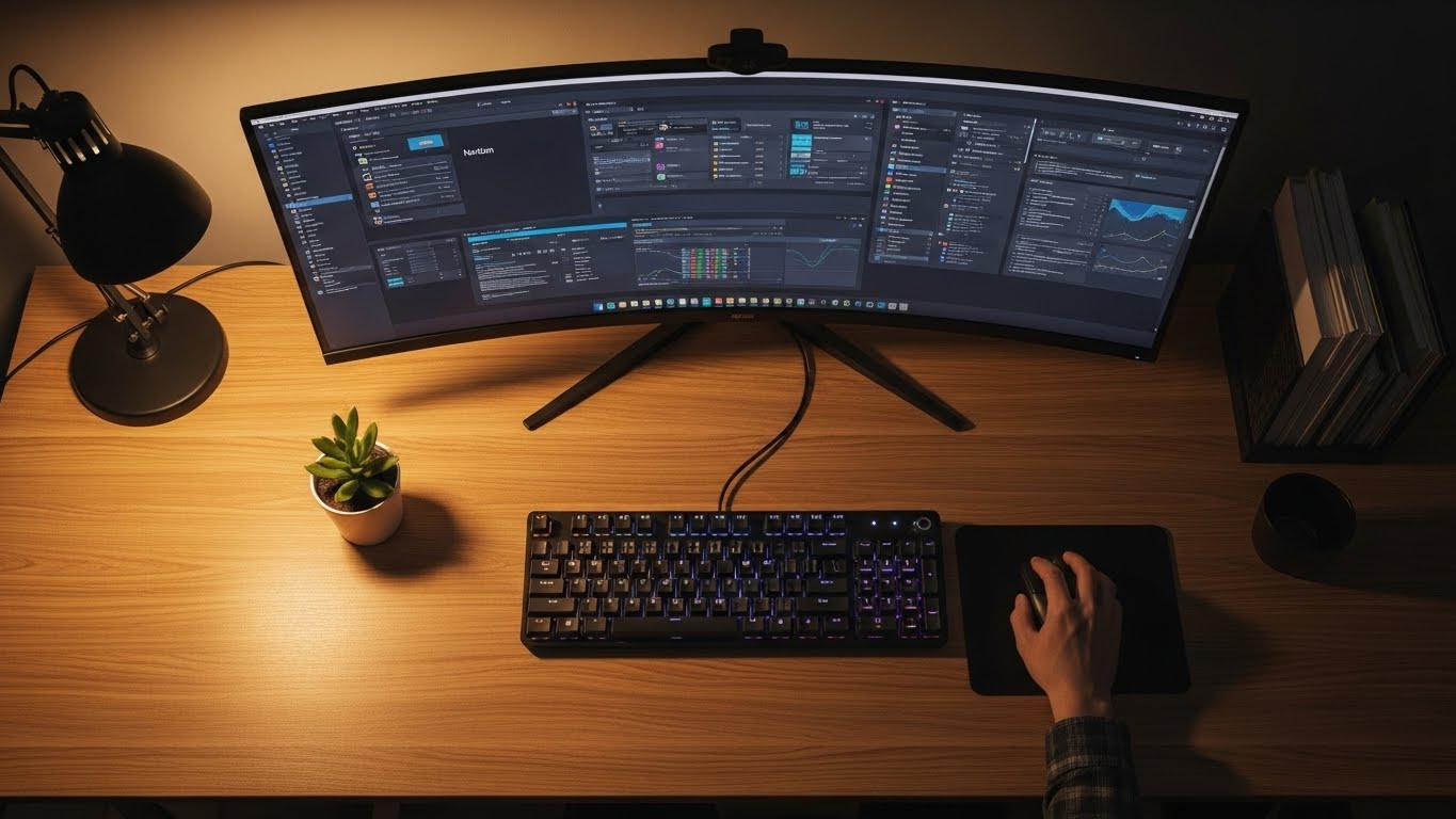 체계적으로 정리된 노션 디지털 워크스페이스 화면을 띄워놓고 업무에 집중하고 있는 한국 직장인의 데스크 셋업