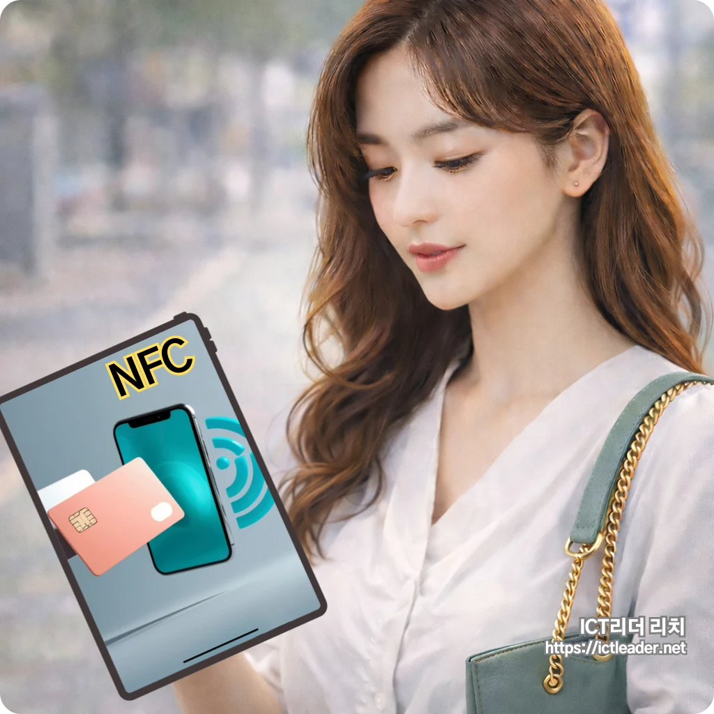야외에서 스마트폰을 확인하는 여성의 실제 사진 위에 NFC 결제 경고 화면과 결제 금액 알림을 합성해 NFC 카드결제 사기 위험을 표현한 이미지