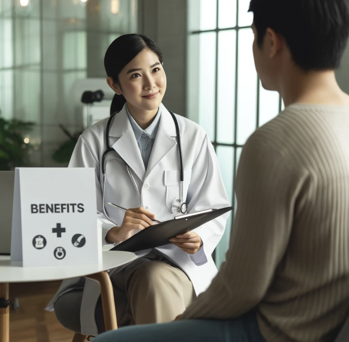 의료 시설에서 환자와 급여혜택에 대해 논의하는 보건 전문가.