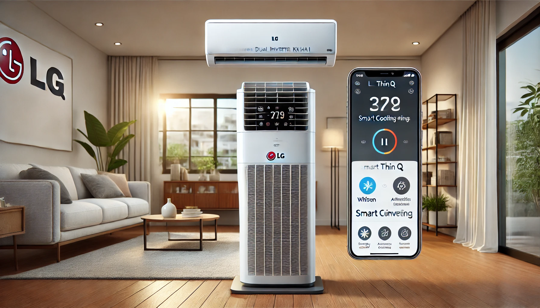 LG 듀얼 인버터 스탠드 에어컨이 스마트 제어 중인 현대적 거실