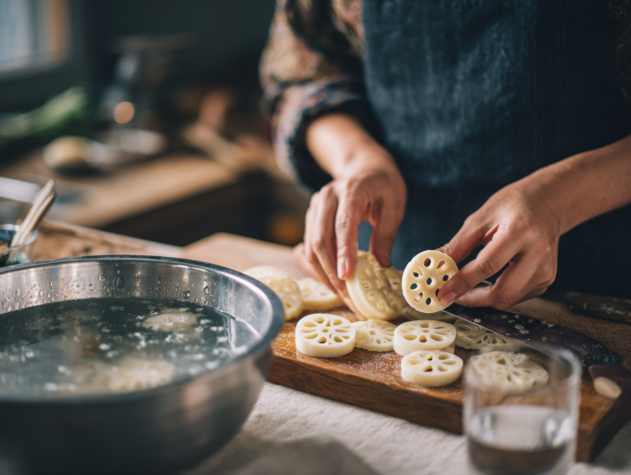 연근을 손질하는 주방의 모습