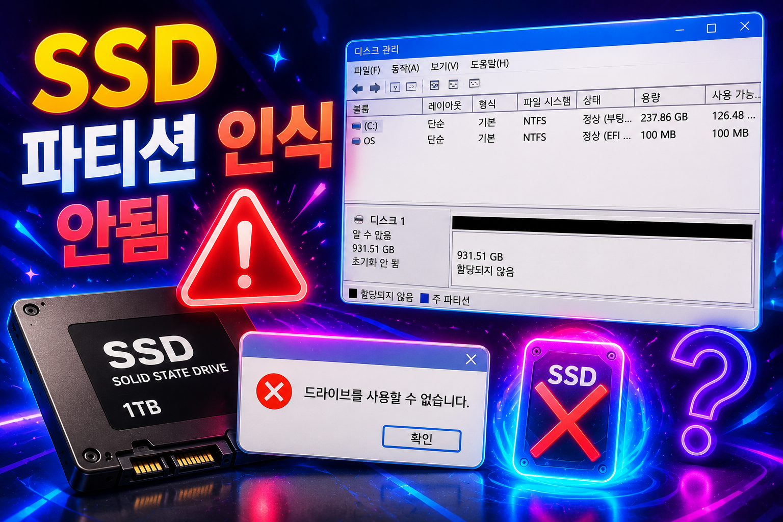 SSD 파티션 인식 안됨 해결방법 총정리 초기화되지 않은 디스크 오류 데이터 복구 원인