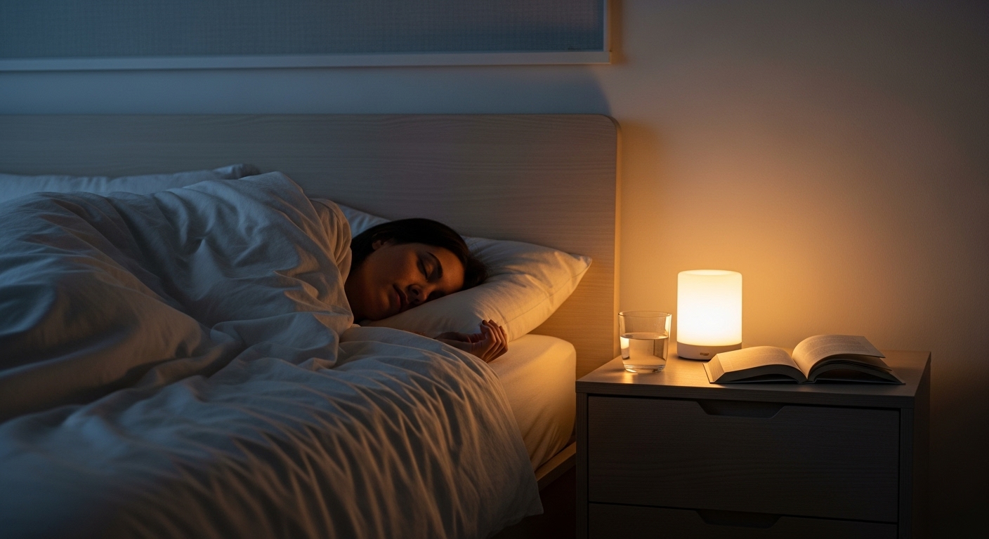 아늑하고 어두운 침실에서 편안하게 잠든 사람의 모습. 숙면의 중요성을 나타냄.