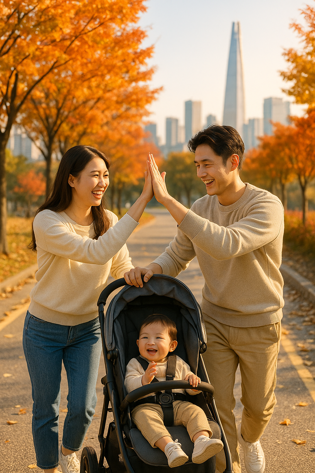햇살 가득한 가을길에서 유모차와 함께하는 세 가족의 즐거운 순간