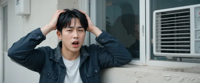 냉방병 증상으로 두통으로 힘들어하는 남자