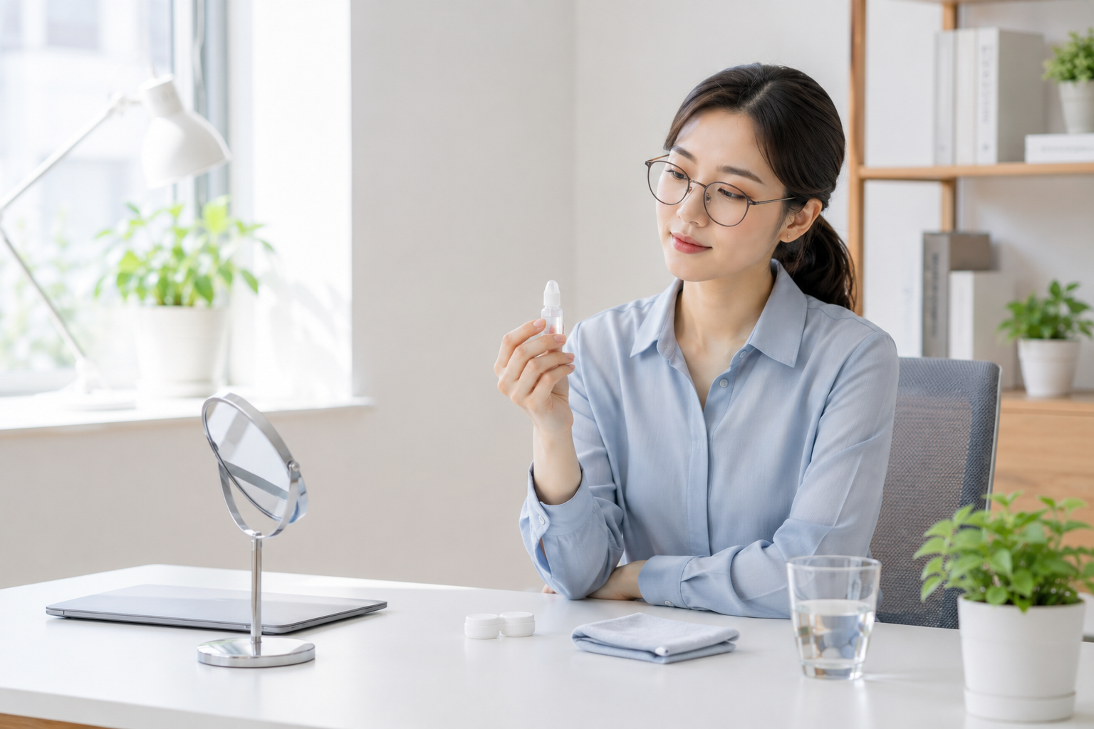 콘택트렌즈 대신 안경을 착용하고 인공눈물로 눈 건조를 관리하는 여성