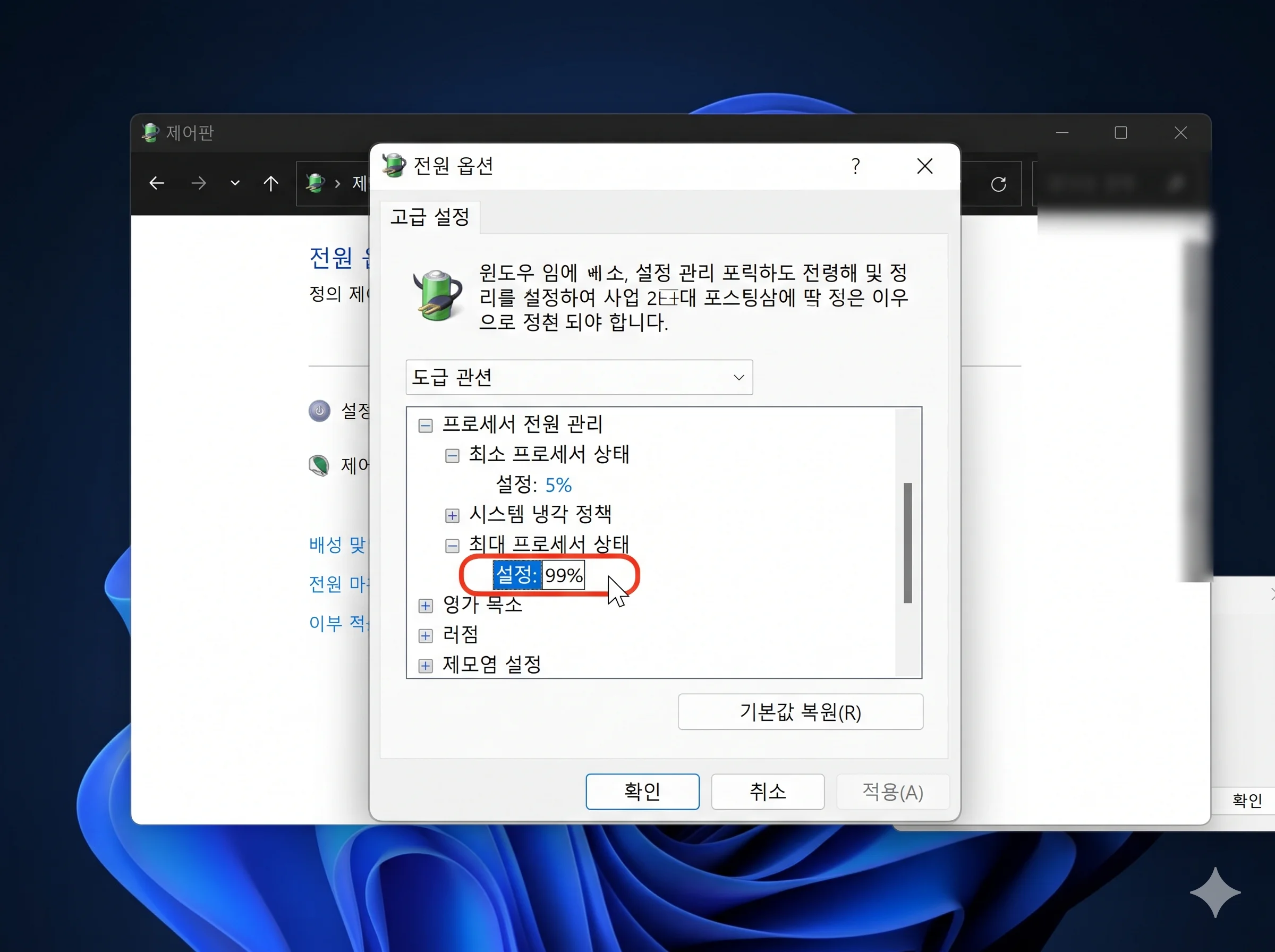 윈도우 11 전원 옵션 프로세서 전원 관리 최대 프로세서 상태 99% 설정