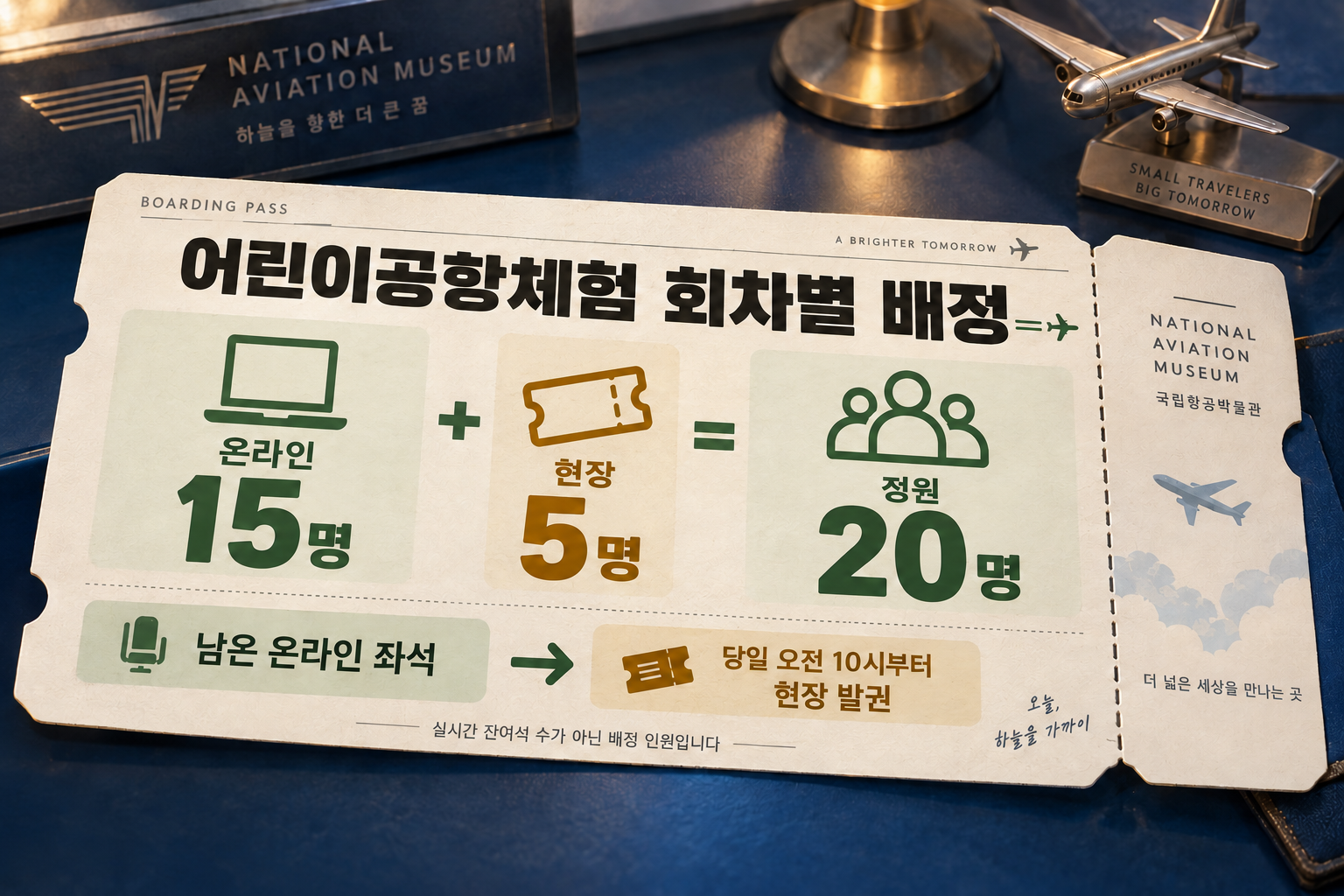 어린이공항체험 온라인15명과 현장5명 배정, 남은 온라인 좌석은 당일 오전10시부터 현장 발권