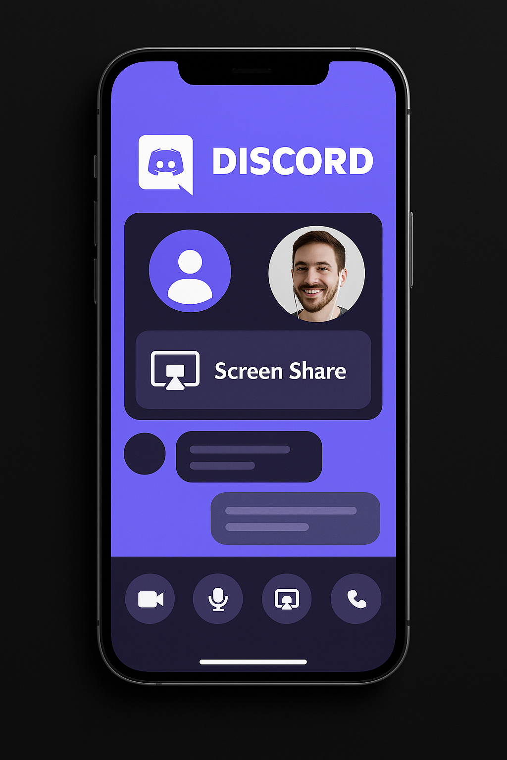 Discord mobile screen sharing tutorial guide showing smartphone with app interface and screen share buttons