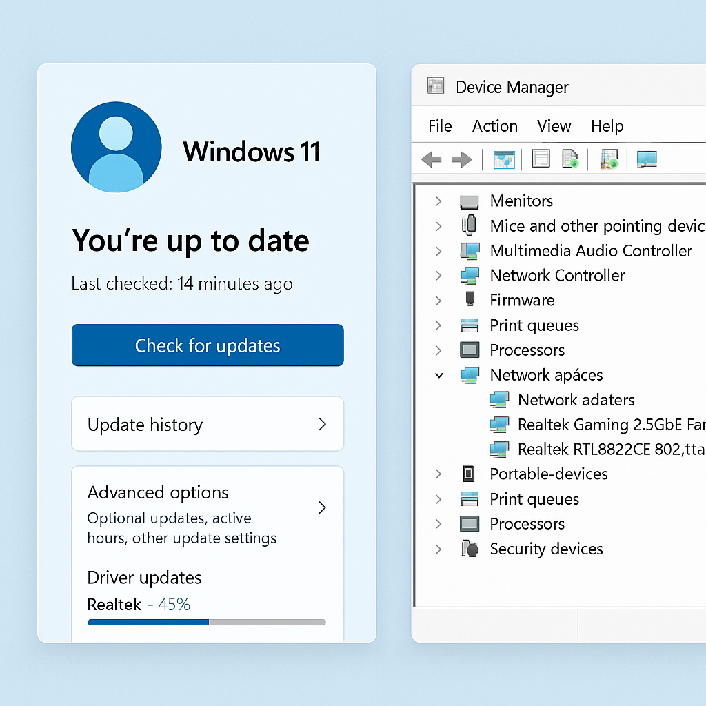 Windows 11 업데이트 설정 화면과 장치 관리자의 최신 드라이버 설치 인터페이스