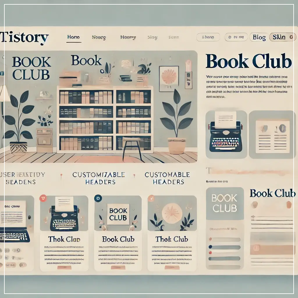 북클럽-스킨이-적용된-티스토리-블로그-화면,-사용자-친화적인-디자인과-커스터마이징-기능을-보여주는-이미지.-깔끔하고-현대적인-레이아웃에-책-아이콘과-도서관-모티브가-포함되어-있다.