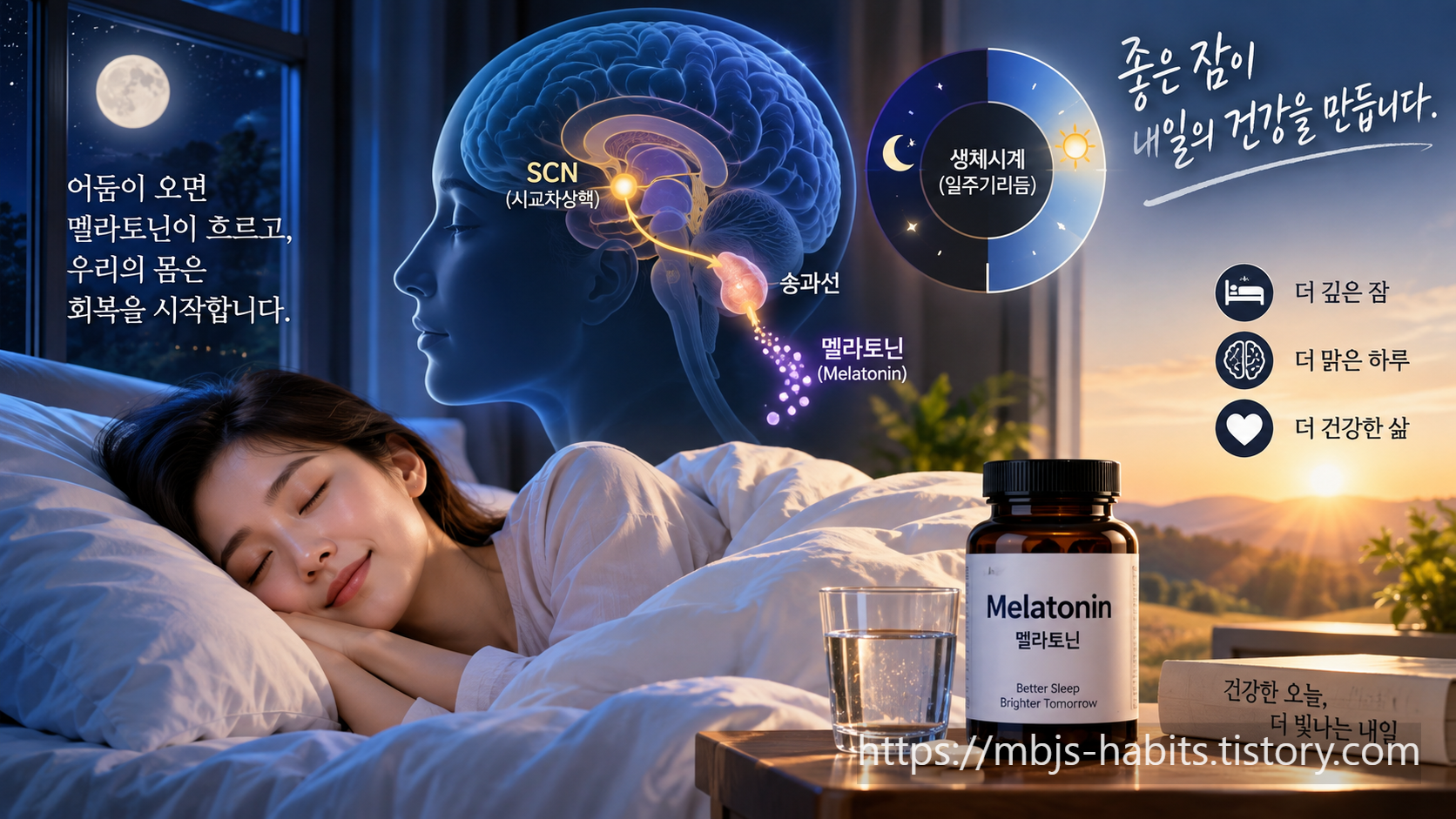 밤과 아침의 변화 속에서 SCN 시교차상핵과 송과선, 멜라토닌 분비, 일주기리듬을 통해 우리 몸의 생체시계와 수면 원리를 보여주는 이미지