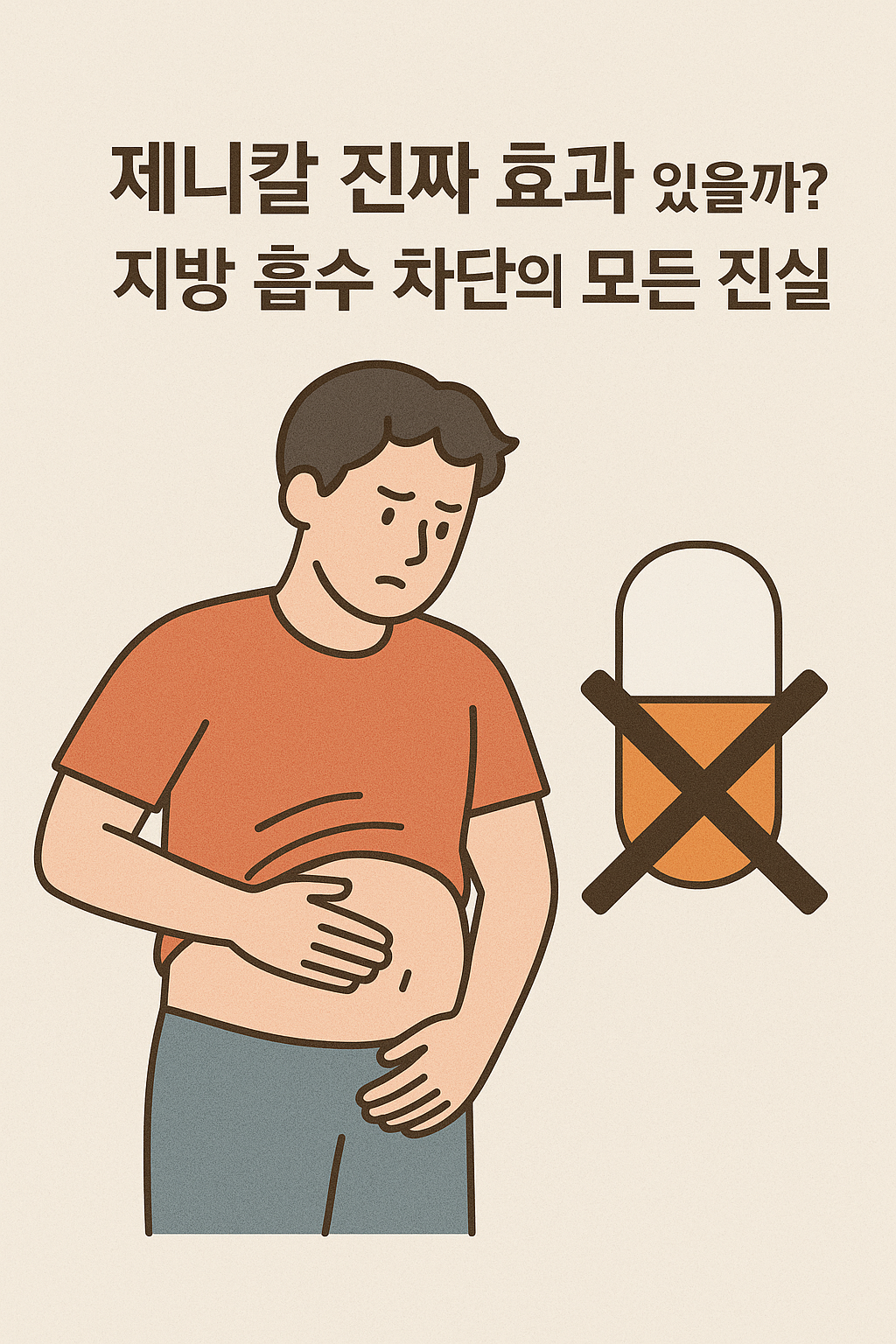 배를 만지고있는 남자 사진과 x표시의 알약