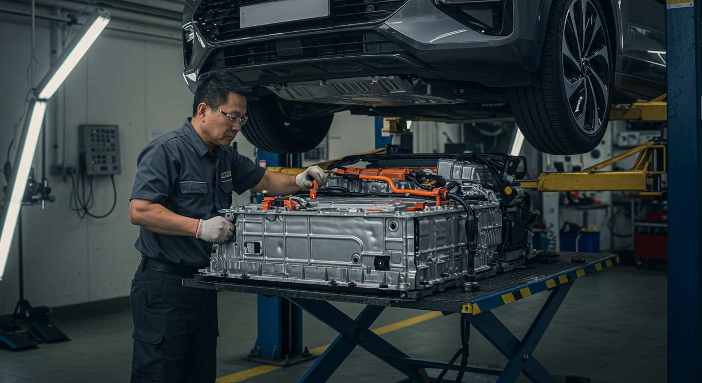 전기차 서비스 센터에서 정비사가 전기차 배터리 팩을 교체하는 모습, 차량 리프트, 안전 장비 포함, 사실적인 디테일, EV 배터리 교체 장면