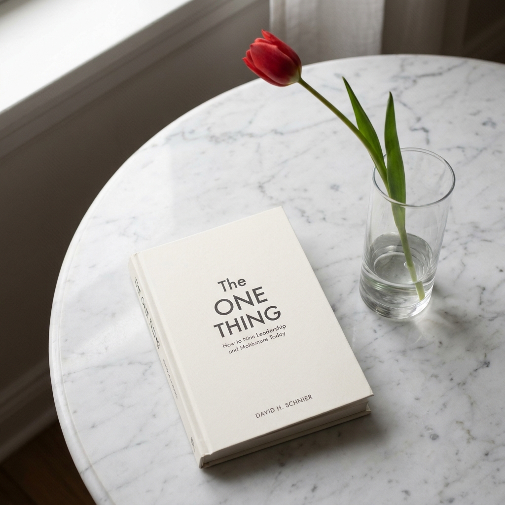 하얀 대리석 테이블 위에 놓인 게리 켈러의 저서 '원씽(The One Thing)'과 그 옆에 화병에 담긴 단 한 송이의 붉은 튤립. 부드러운 자연광이 비치며 우아하고 집중된 분위기를 자아내는 8k 고해상도 사진.