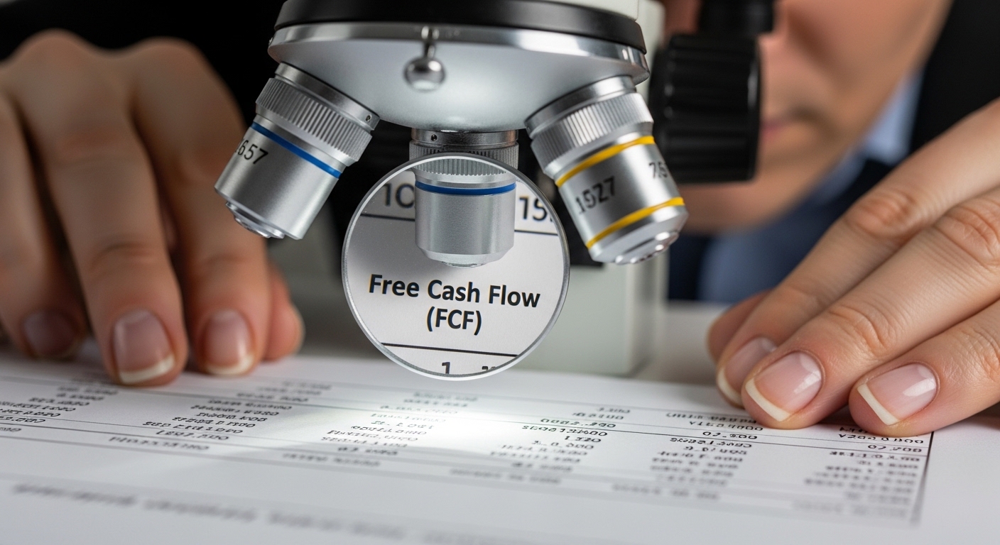 Close-up shot of an investor using a microscope to magnify the words 'Free Cash Flow (FCF)' in a financial statement.