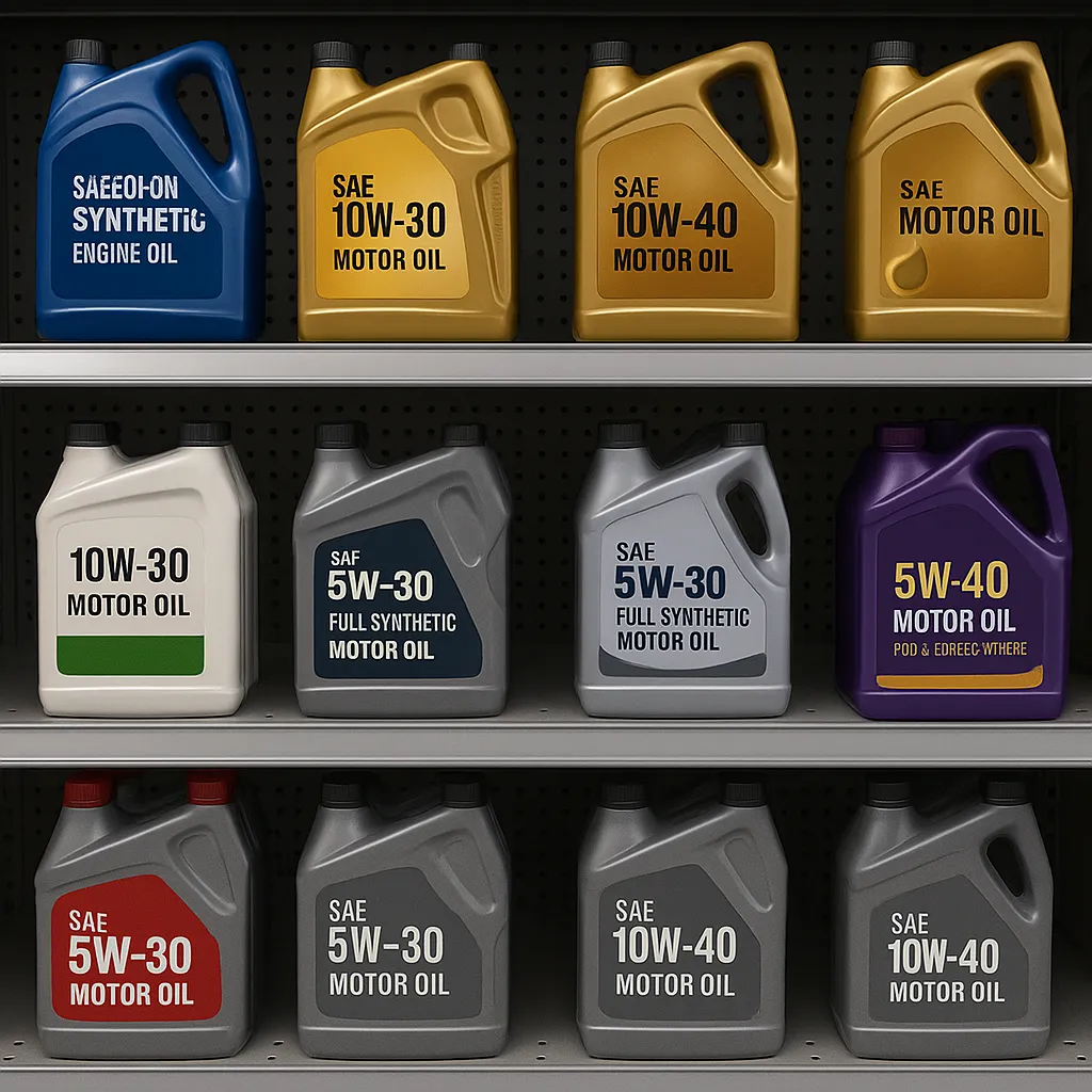 다양한 종류의 엔진오일이 선반에 진열된 모습