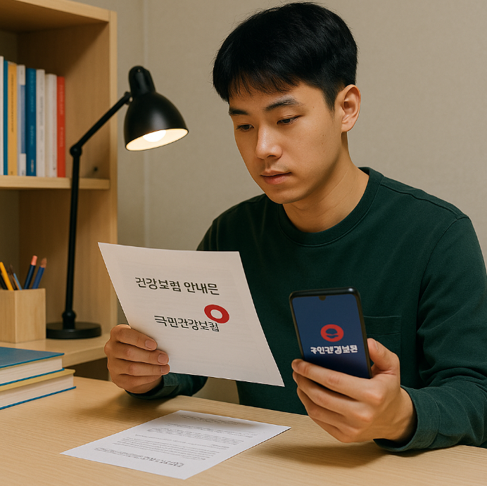 지방의 자취방에서 대학생이 책상 위에 건강보험 안내문을 펼쳐놓고 살펴보며 휴대폰으로 국민건강보험 앱을 실행하는 장면