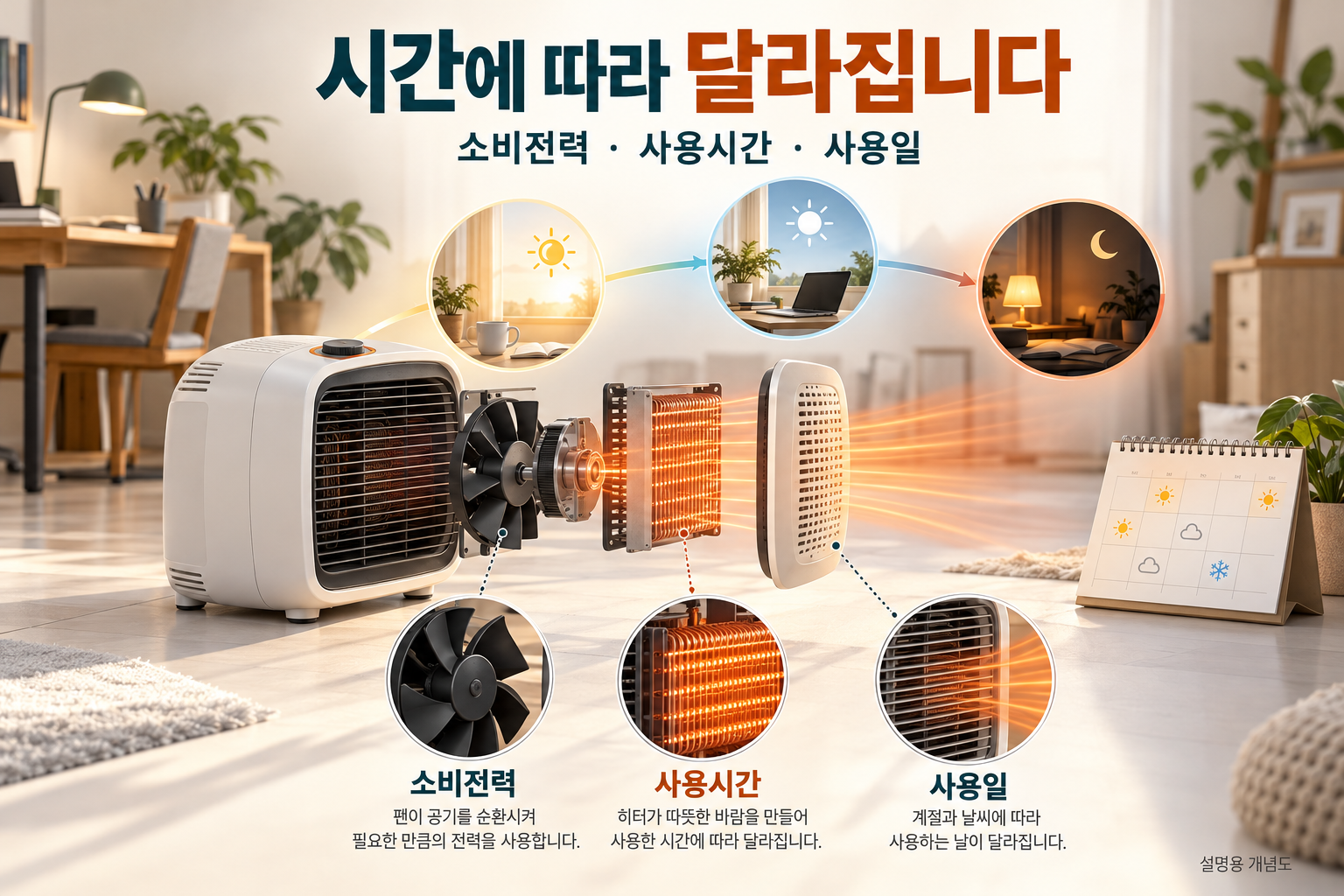 소비전력&middot;사용시간&middot;사용일수로 사용량을 계산하는 도식