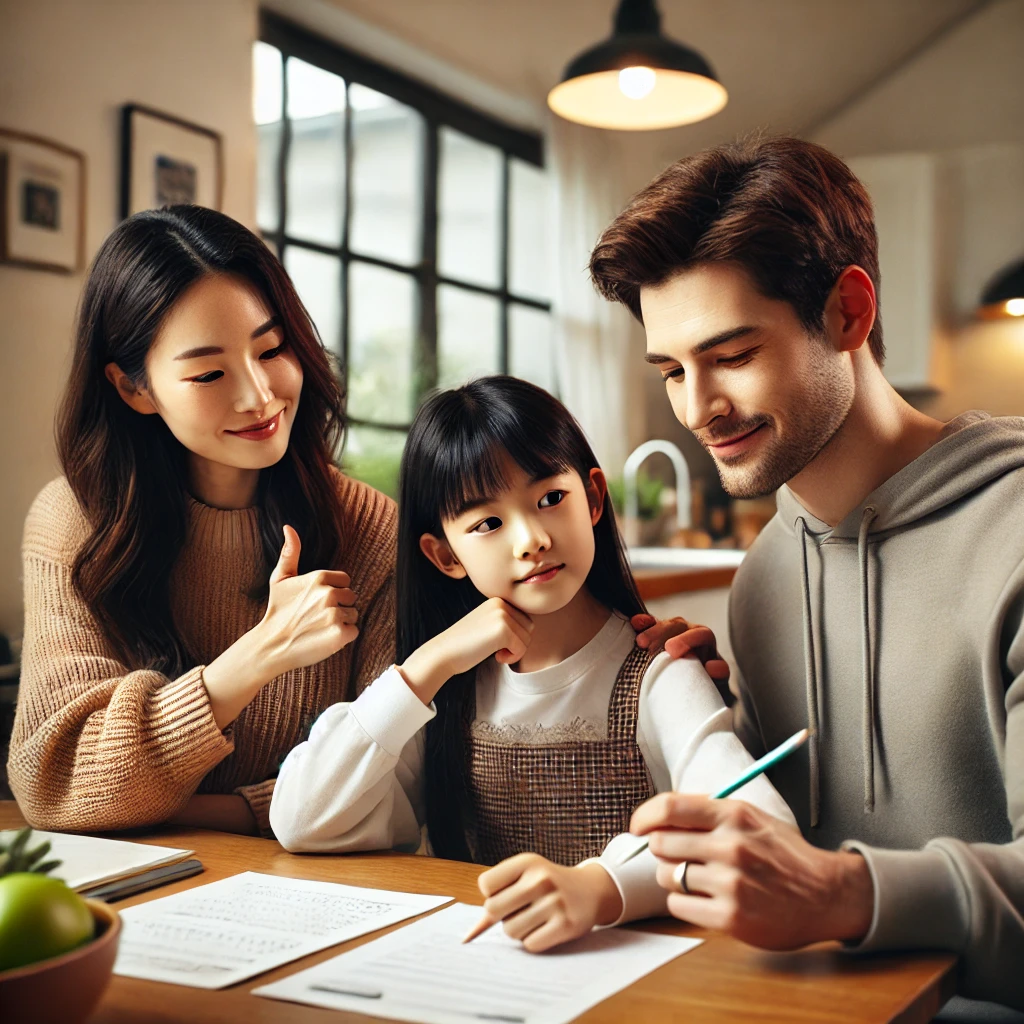 주방 테이블에서 틀린 문제를 검토하는 딸을 격려하는 부모, 딸에게 설명하며 미소 짓는 어머니와 긍정의 손짓으로 응원하는 아버지, 따뜻한 조명과 가족 사진이 어우러진 안정적이고 사랑이 넘치는 분위기.