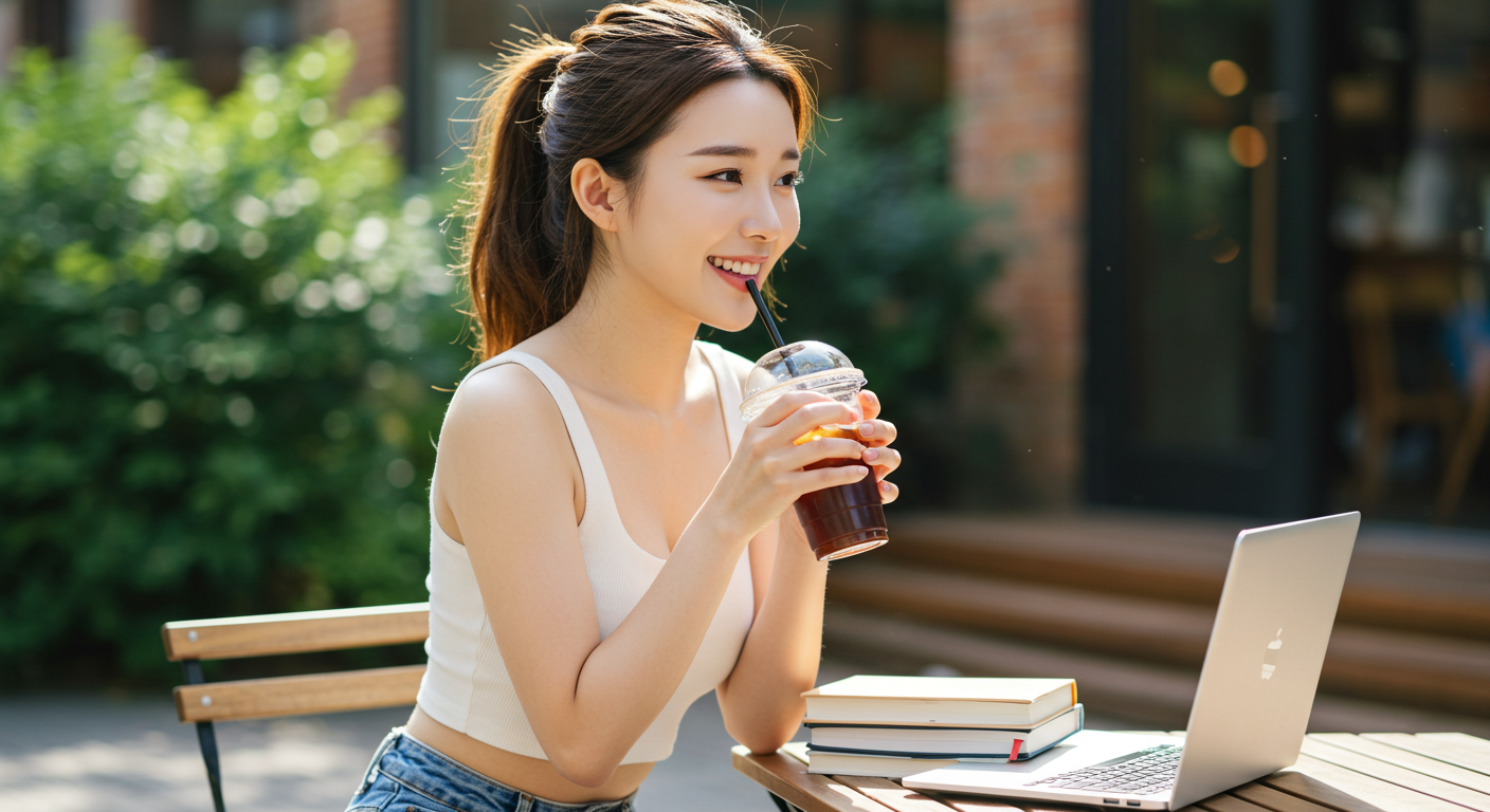 아이스 아메라키노를 마시는 한국 여성.