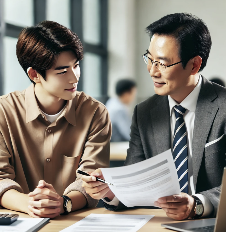  동료와 고용보험 정보를 논의하는 모습