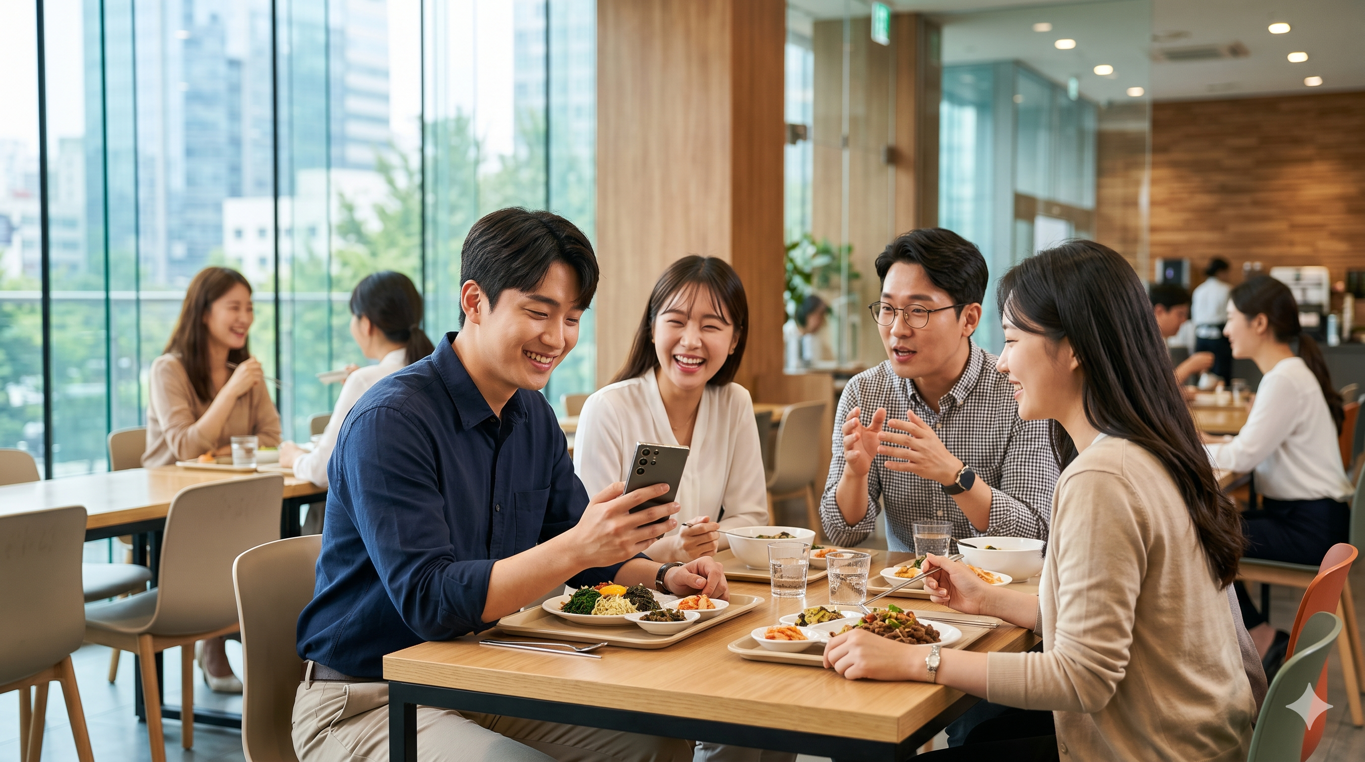 내년 직장인 점심값 지원 혜택으로 즐거워하는 직장인들의 모습