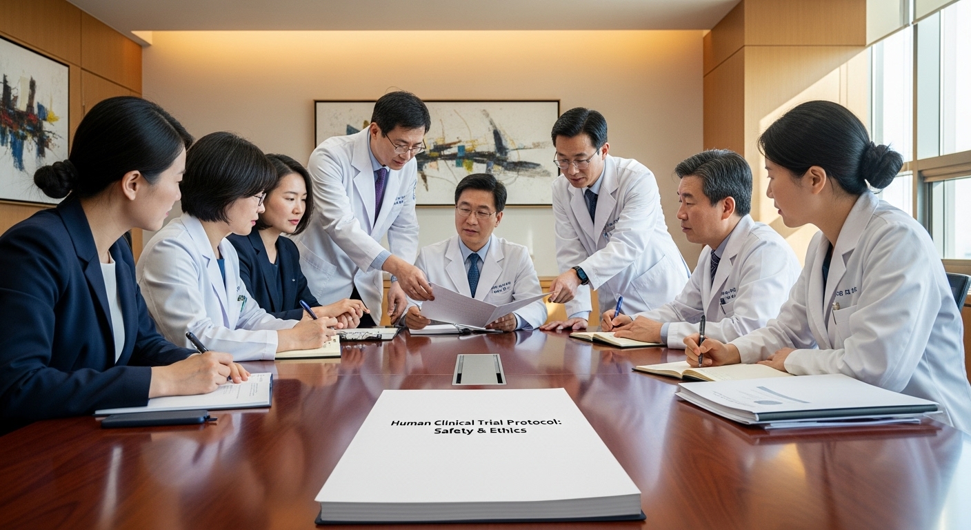 여러 분야의 전문가들이 임상시험의 안전성과 윤리 규정에 대해 진지하게 회의하고 있는 장면