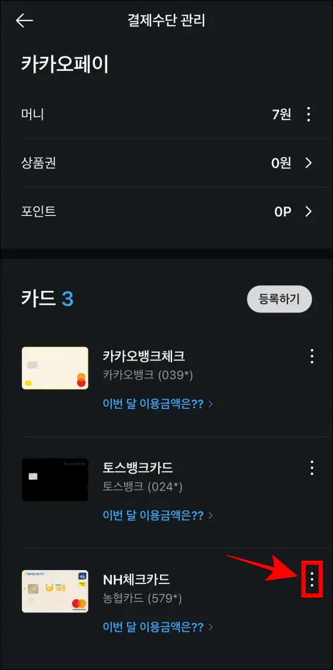카카오페이 결제수단 관리에서 카드 우측의 [⋮] 버튼을 선택