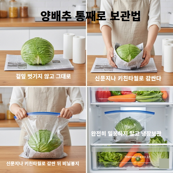 양배추 통째로 보관법 – 신문지나 키친타월로 감싸서 비닐봉지에 넣은 뒤 냉장고에 보관하는 과정