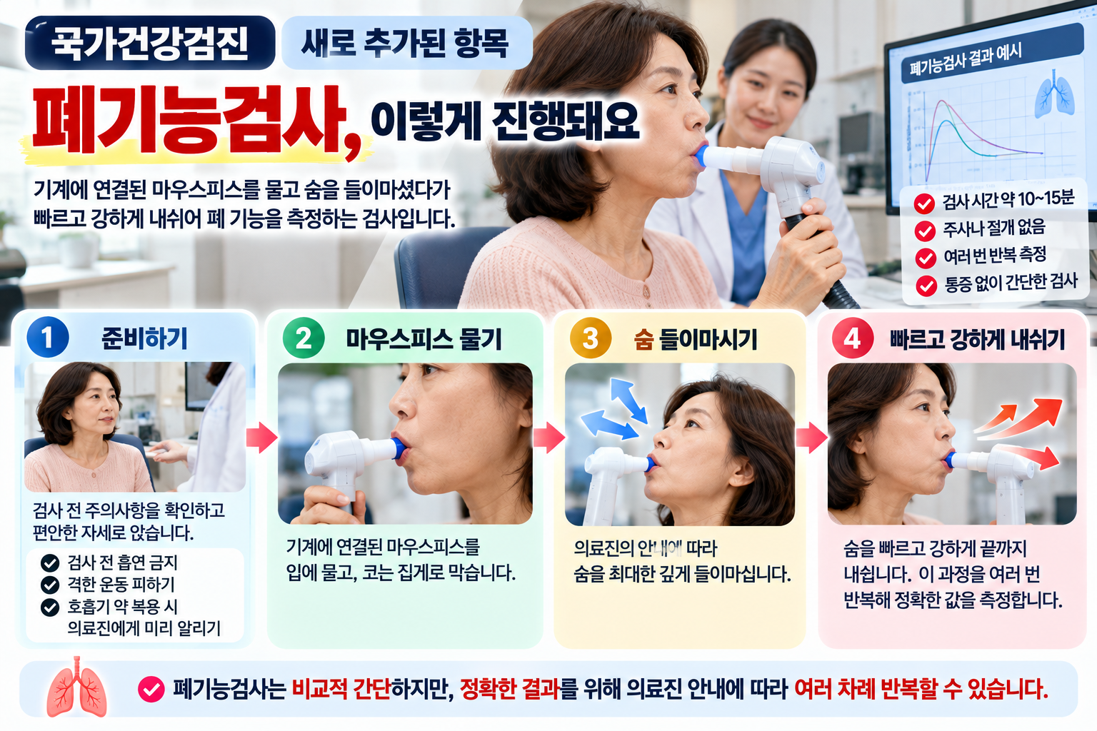 폐기능검사 방법 마우스피스를 물고 숨을 내쉬는 검사 과정