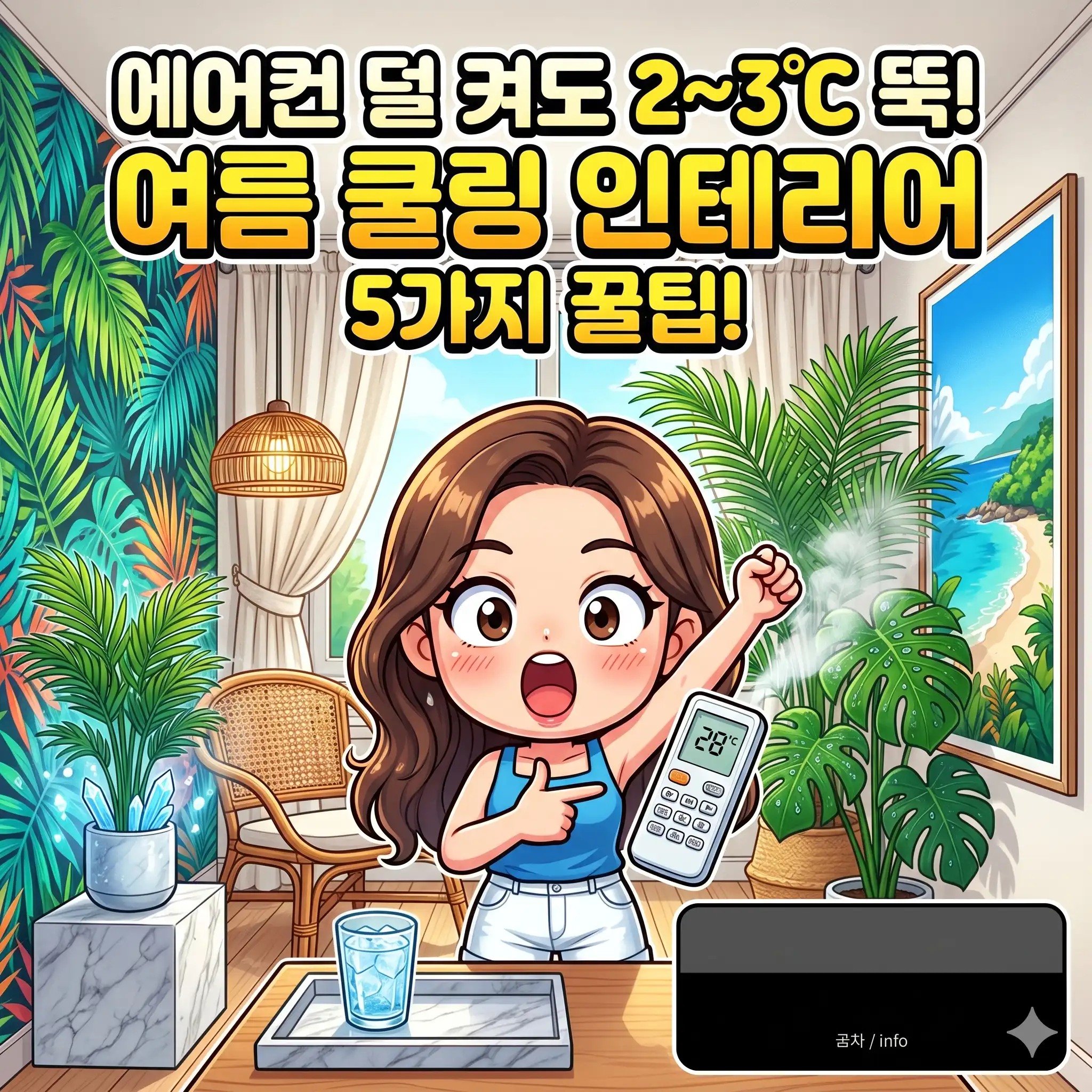 에어컨 없이 실내 온도를 2~3도 낮추는 여름 쿨링 인테리어 5가지 방법(플랜테리어, 리넨 커튼 등)을 담은 유튜브 썸네일 이미지