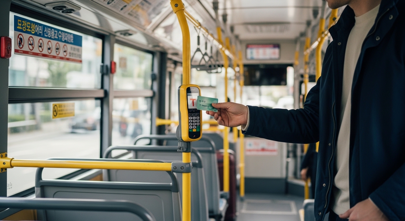 Foreign traveler using T-money card on Seoul bus when getting off